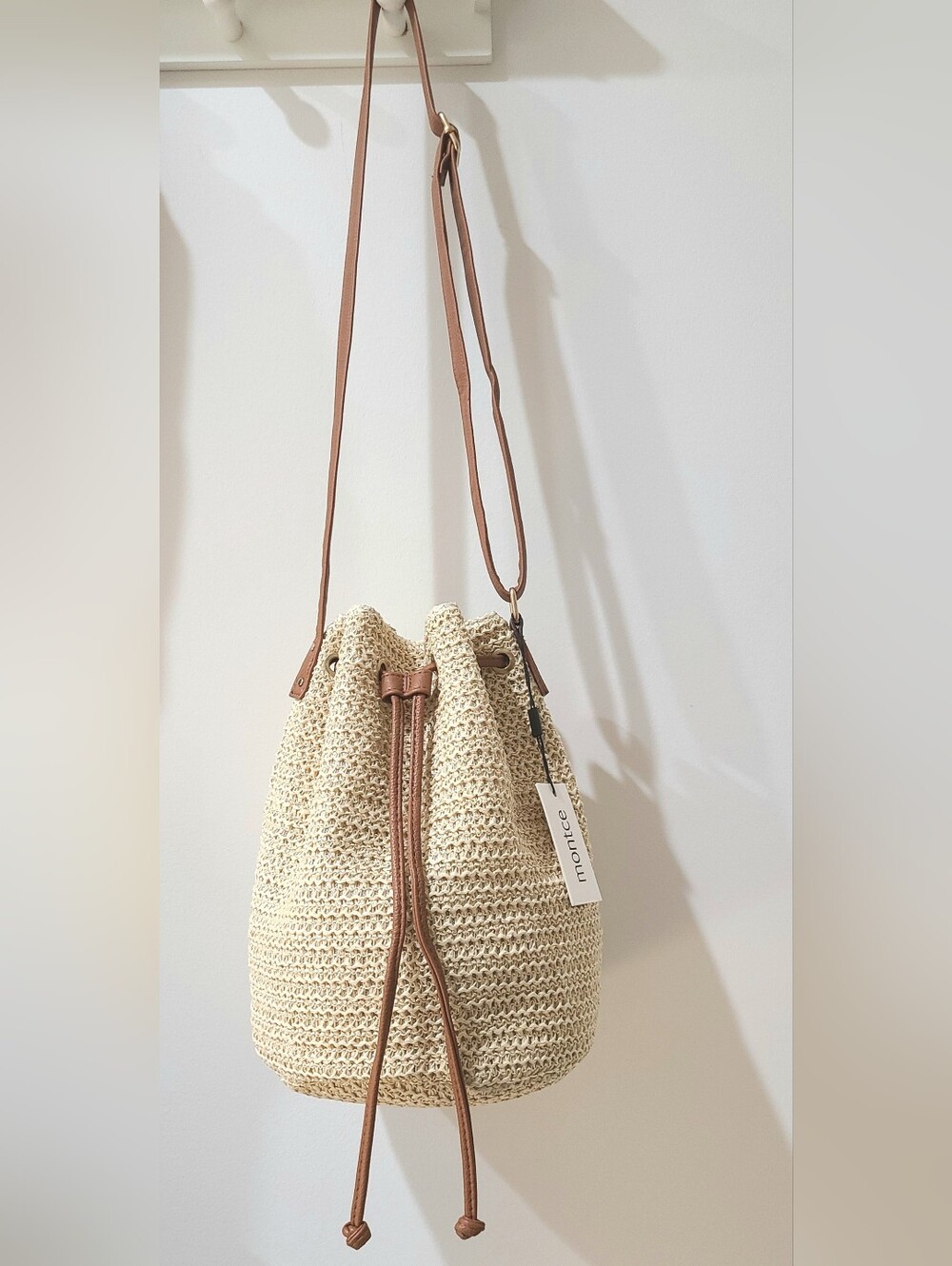 Montce Ali Woven Straw Bucket Bag Ivory & Chestnut Brown NWT - Picture 4 of 14